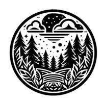 Black and white nature scene within a circle, featuring a forest landscape at night with stars, clouds, trees, and foliage. vector
