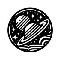 A stylized black and white circular illustration of planets with rings, stars, and cosmic elements, evoking space exploration in minimalist form. vector