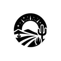 Desert landscape silhouette inside a black circle, featuring cacti, sunburst, mountain ranges, and stylized fields, a minimalist icon. vector