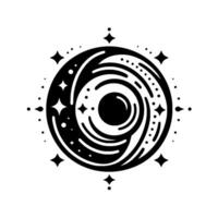 Black and white stylized celestial emblem, featuring a swirling galaxy center, surrounded by stars and celestial dots, on a white background. vector