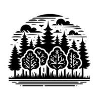 Black and White Stylized Illustration Forest Silhouette with Trees, Clouds, and Horizontal Lines Creating a Circular Composition vector