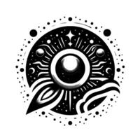 Celestial Eye A symmetrical, black and white illustration depicting a cosmic eye with radiating lines, stellar elements, and an abstract, organic form at the base. vector
