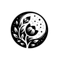 A stylized black and white floral emblem featuring a blooming flower and foliage within a circular frame with a dotlike background, minimalist design. vector