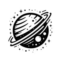 A stylized illustration of a planet with rings, and smaller orbiting planets and stars in a black and white, minimalist, style. vector