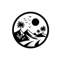 Black and white circular minimalist landscape featuring mountains, palm trees, road, sun, and birds in a serene, illustration. vector