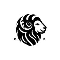 A stylized black and white of a rams head in profile, with intricate curved lines and the number on either side, set on a white background. vector