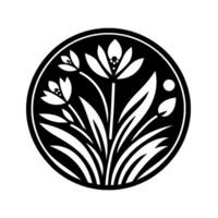 Black and White Floral Emblem A minimalist circular of stylized flowers, leaves and a single dot, evoking simplicity and balance. vector