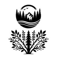 Naturethemed Minimalist Black and White Graphic A Forest Scene within a Circle Above, a Detailed Tree Below. vector