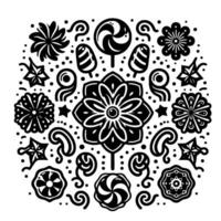 Geometric Black and White Pattern with Floral, Sweet, and Star Elements, Circular Arrangement vector