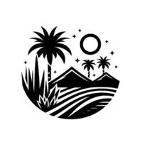 Black and White Desert Landscape Palm Trees, Rolling Hills, Moon, and Stars in a Circular Composition. vector