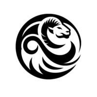 Black and white minimalist featuring a stylized rams head encircled within a decorative flowing pattern. vector