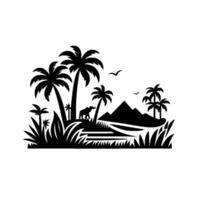 Silhouette of an Oasis Scene Featuring Palm Trees, Camel, and Pyramid with Flying Birds in Black and White. vector