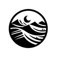 Stylized Black and White Mountainous Landscape Inside a Circle, Featuring Crescent Moon Above Fields. vector