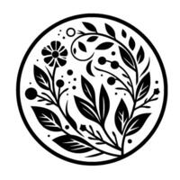 Elegant Black and White Circular Botanical Illustration Featuring a Central Flower, Leaves, and Berries with Subtle Dots. vector