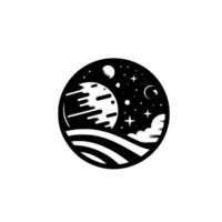 Abstract black and white illustration of a spherical space scene with planets, stars, and curved lines representing a landscape or water, all within a circle. vector