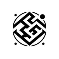 Geometric black and white abstract featuring a mazelike structure within a circle, adorned with four small dots. vector