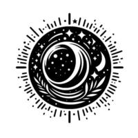 Mystical celestial emblem Crescent moon, stars, sunburst, and celestial leaves arranged in a circular black and white composition. vector