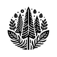 illustration of a stylized forest scene, comprising circular arrangement of pine trees, foliage, and minimalist detailing in black and white. vector