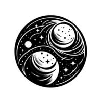 Yin Yang Cosmic Harmony Black and white celestial art with planetary forms, nebulae, and star clusters, balancing the universe. vector