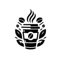 Bold Black White Coffee Logo Stylized Cup, Beans, and Leaves in a Modern, Symmetrical on a White Background. vector