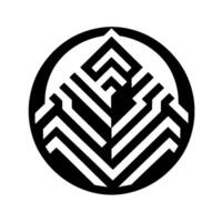 Geometric, stylized black and white featuring a pyramidlike form within a circle, evoking modern and minimalist aesthetics. vector