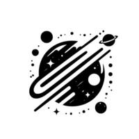 Abstract Black White Universe Galactic Composition with Planets, Stars, and Cosmic Trails, Simple Design, Isolated on White Background. vector