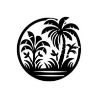 Black and White CutOut Tropical Scene of Palm Trees, Grass, and Plants Enclosed in a Circular Frame, Clean Aesthetic. vector