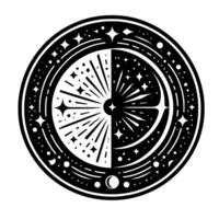 Black and White Celestial Symbol Half Starburst and Starry Night within a Circular Ornament vector