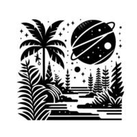 Stylized Black and White Illustration An Exoplanetary Oasis with Palm Trees, Planets, and Stars in a Simplified Style. vector