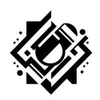 Black and white geometric abstract featuring a circular central element and angular linework, dotlike accent. vector