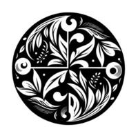 Intricate, Black and White Circular Floral Pattern with Symmetrical Leaf and Curl Elements on a White Background. vector