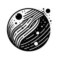 Minimalist black and white illustration of a cosmic celestial body split, featuring planets, stars, and wavelike patterns within a circular design. vector
