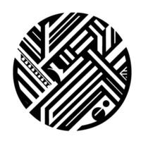 A symmetrical black and white circular geometric art piece, composed of interwoven lines, shapes and patterns. vector