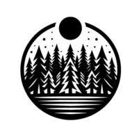 A stylized black and white forest silhouette within a circular frame, featuring tall pine trees, a sun or moon, and a minimalist landscape. vector