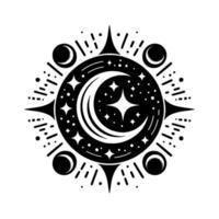 Ornate Celestial Mandala Black and White Circular with Crescent Moon, Stars, and Decorative Outer Ring. vector