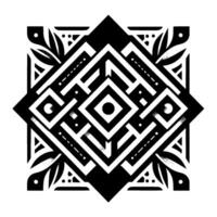 Geometric Monochrome Mandala with Floral Elements, Diamond Grid, and Ornamental Patterns on a White Background. vector