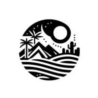 Stylized black and white desert scene enclosed in a circle, featuring a crescent moon, stars, palm trees, mountains, and a cactus under a full moon, with wavy lines representing dunes. vector