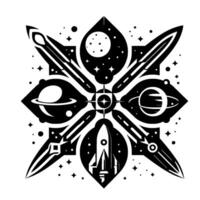 Intricate blackandwhite spacethemed featuring planets, rockets, stars, moons, and geometric shapes in a symmetrical arrangement. vector