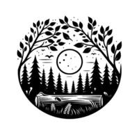 A Monochrome Forest Scene Encapsulated Trees frame a full moon, log, and evergreens within a circular design, evoking a sense of serenity. vector