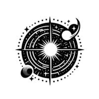 Stellar Celestial Compass A stylized black and white depiction of a cosmic navigation tool with planets, stars, and radiating energy. vector