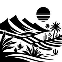 A minimalist, highcontrast blackandwhite desert landscape illustration featuring mountains, cacti, palm trees, and a sun with horizontal stripes, capturing a serene, stylized aesthetic. vector