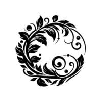 A symmetrical, circular black and white floral design, with stylized leaves, curls, and decorative dots, forming a classic, elegant motif. vector