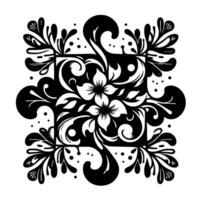 Symmetrical Floral Ornament in Bold Black and White, Featuring Blossoms, Swirls, Leaves, Dots within Square Frame on a White Background. vector