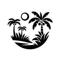 Silhouette of a tropical island scene featuring palm trees, grass, sun, and a simplified, minimalist aesthetic, rendered in black and white. vector