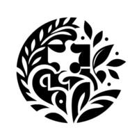Intricate Black and White Circular Ornament Botanical and Geometric Composition with Organic Shapes, Leafy Elements, and Abstract Details vector
