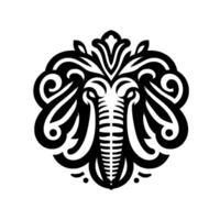 Ornate Black and White Elephant Head Mandala A symmetrical, stylized depiction with intricate swirling patterns. vector