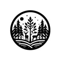 Black White Circular Silhouette of a Forest Scene Deers, Trees, Moon, and Stars within an Artistic vector