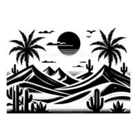 Silhouette Desert Scene Black and White Art of Palm Trees, Cacti, Mountains, Sun, Clouds, and Birds vector