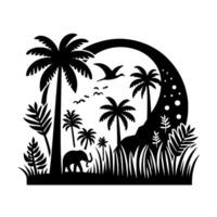 Silhouette of a tropical scene featuring palm trees, elephant, birds and crescent moon against a white background. vector
