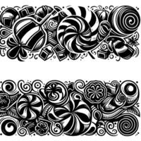 Artistic Black and White Candy Border Design Swirls, Lollipops, Chocolates, and Decorative Elements vector